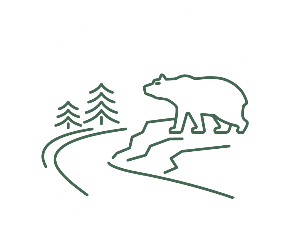 Outline of a bear on a rocky ledge near pine trees and a winding path.