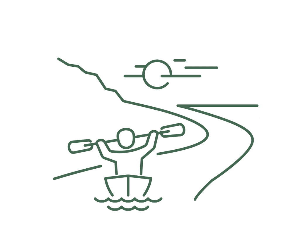 A person kayaking on a winding river with a setting sun in the background.