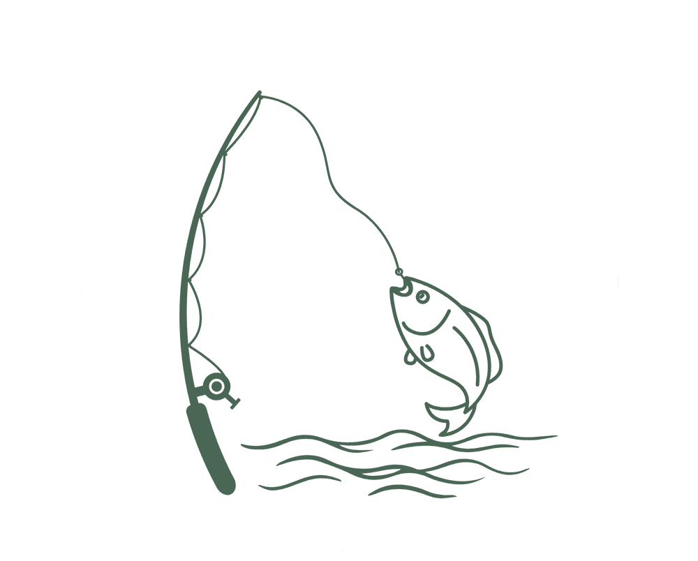A simple line drawing of a fish being caught on a fishing rod over water.