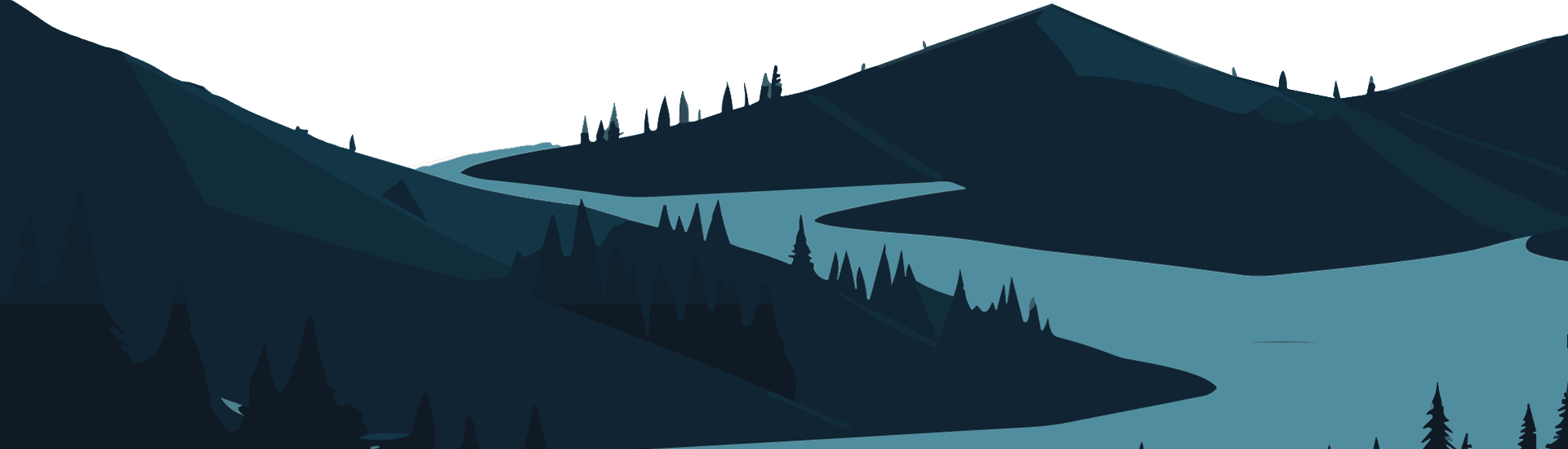 A serene landscape featuring dark mountains and a winding river surrounded by pine trees.